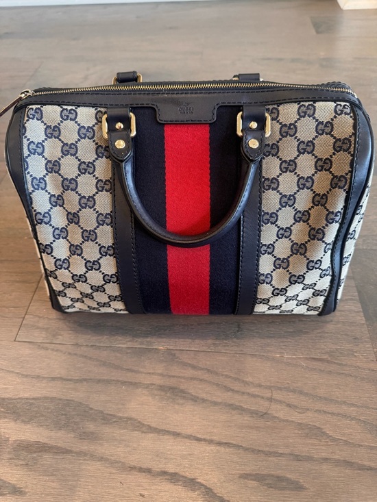 Gucci Handbags - Gucci Beige GG Canvas Boston Bag with Navy and Red Stripe